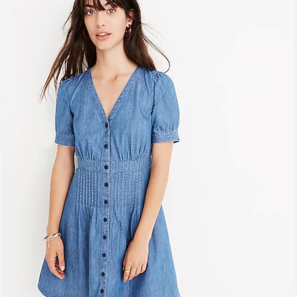 Madewell Denim Daylily Short Dress J7869 Short Puff Sleeves Button-Down Size 6